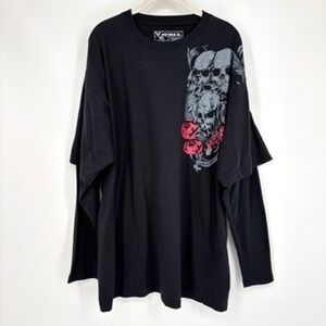 Avirex Black Skull Roses Graphic Long Sleeve Layered Double Sleeve Shirt Size XL